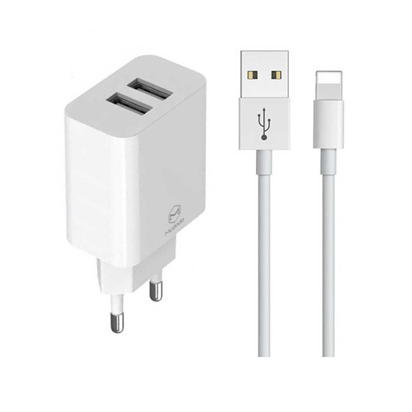 Mcdodo Dual USB Fast Travel Charger with Lightning Cable 1m, White Color, Model No. CH-6720
