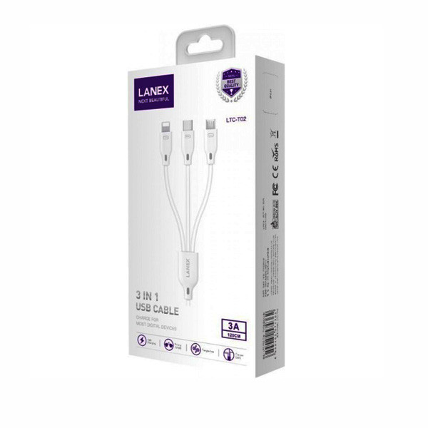Lanex 3 in 1 USB Cable, 1.2m, White Color Model No. LTC-T02
