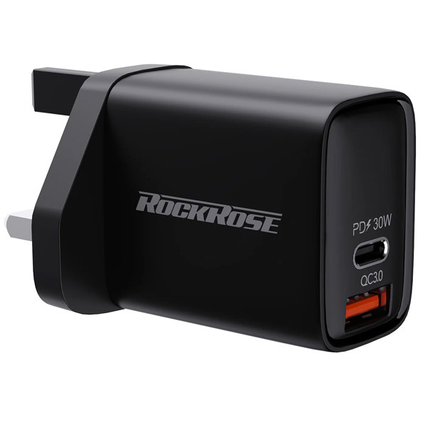 Rockrose Casa AC Max 30W Dual Port UK Charger, Black Color, Model No. RRTC17UK