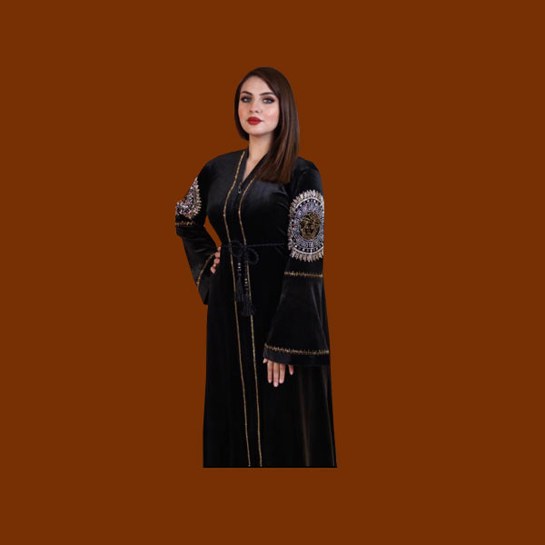 Single Black Color Abaya with Black Beads Belt, Versace Embroidered Logo in the back & 2 Shoulders & Golden Embroidered Designs on Sleeves & Abaya's Edges