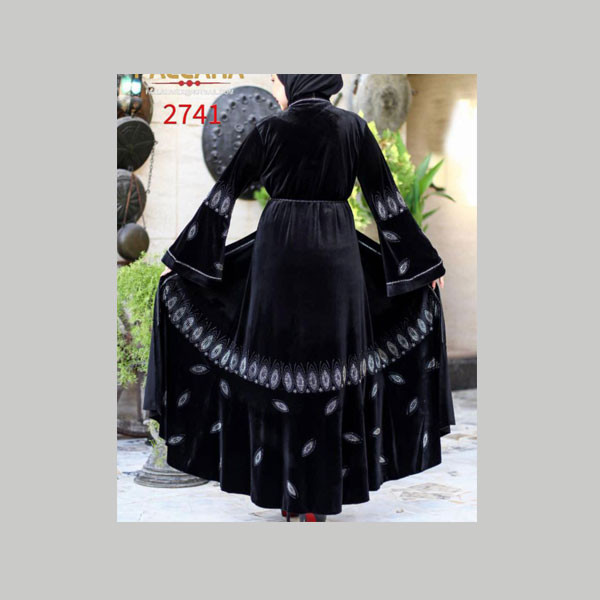Fallaha New Collection Single Black Color Abaya with Black Fabric Belt & Gray Embroidered Peacock Feather Designs on Sleeves & Abaya's Bottom - Edges Model No. 2741