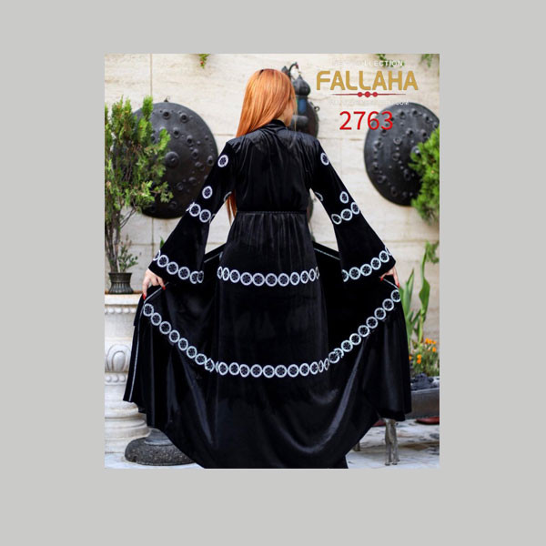 Fallaha New Collection Single Black Color Abaya with Black Fabric Belt & Gray Embroidered Small Round Designs on Sleeves & Abaya's Bottom - Edges Model No. 2763