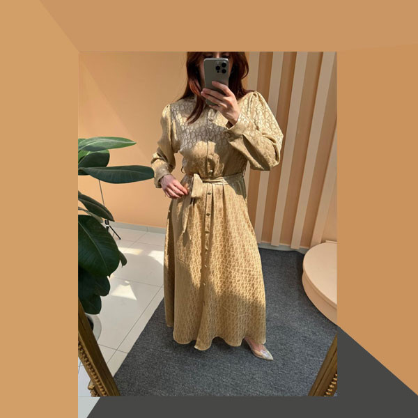 Christian Dior Winter Elegant Golden Colored Dress with Long Sleeves, Belt, Front Button Closure & Full Covered with Dior Logo