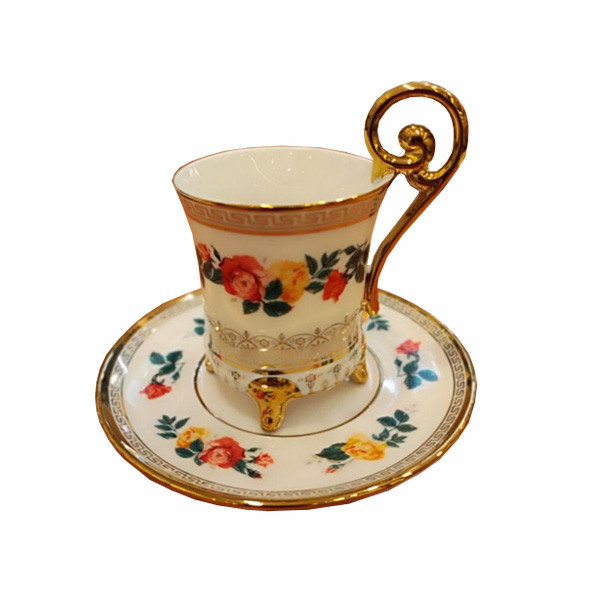 Royal Classic Bone China Porcelain Set of 6 Tea Cups with Gold Colored Handles Accompanied by 6 High Quality Cup Plates