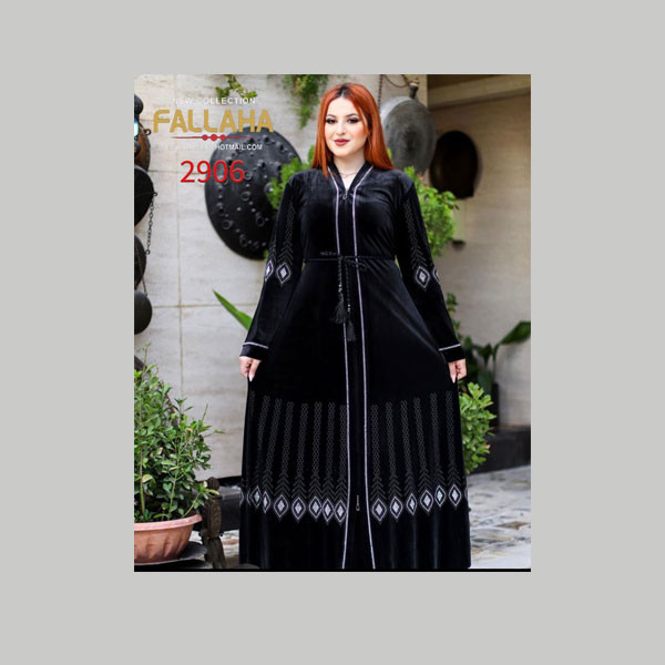 Fallaha New Collection Single Black Color Abaya with Black Beads Belt & Gray Embroidered Rhombus Shape Designs on 2 Shoulders & Abaya's Bottom Model No. 2906