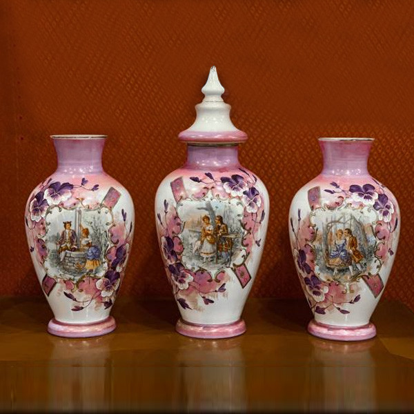 Set of 3 Antique Chinese Porcelain Vases, Pink White Colored Presenting in White Background a Happy Couple in Countryside