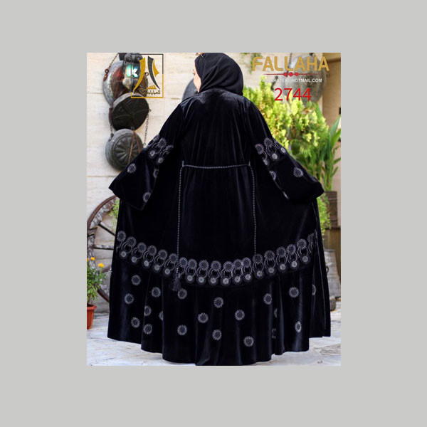 Fallaha New Collection Single Black Color Abaya with Black Fabric Belt & Gray Embroidered SunFlower Designs on Sleeves & Abaya's Bottom - Edges Model No. 2744