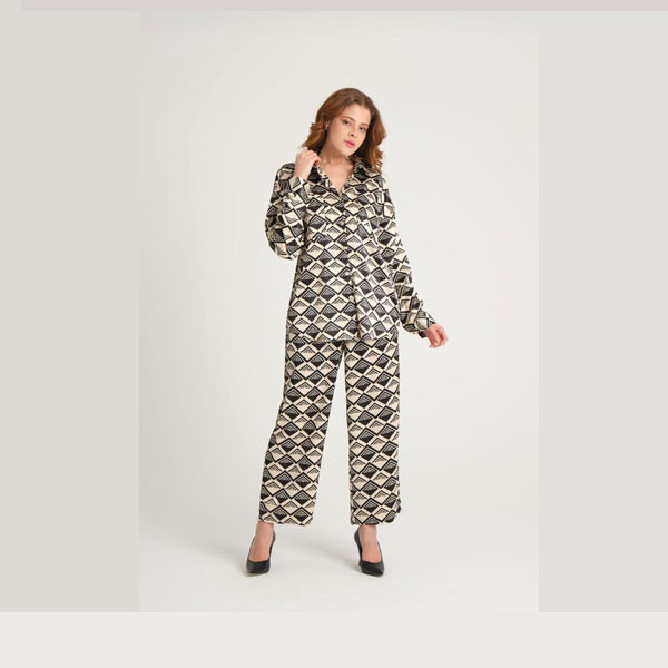 Zara Autumn Women Set (Long Sleeves Shirt + Pant) in White-Beige Color Full Covered with Black Rhombuses Shapes