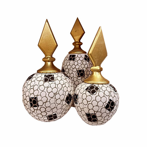 Chinese Set of 3 Ceramic Decorative Round Vases in 3 Different Sizes, with White Black & Gray Shape Designs & Golden Lances as Lids