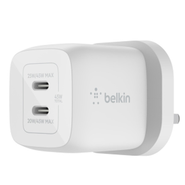 Belkin Dual USB-C GaN Wall Charger with PPS 45W, White Color, Model No. WCH011myWH