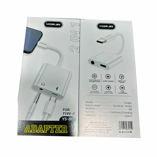 Yesplus 2 in 1 Music & Charger Adapter, Type-C. White Color, 3A, Model No. YS-804