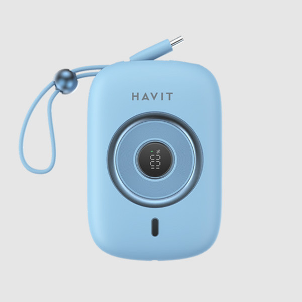 Havit Power Bank 10,000mAh 35W with USB C built-in Cable, Blue Color, Model No. PB5214