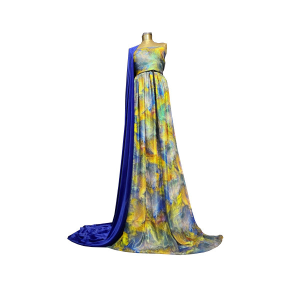 Diamond Fabric Handmade Silk Elegant Dress with Blue Black Cape in Gray, Yellow & Blue Color Designs and Black Leather Belt