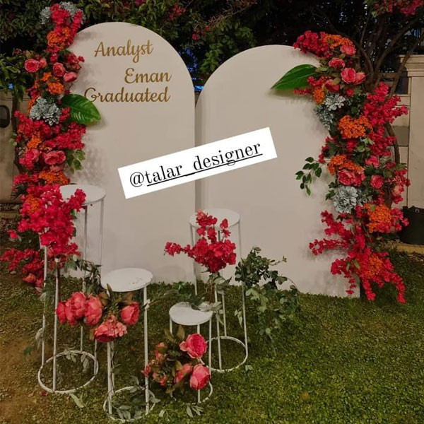 White Shade Graduation Decoration with 4 Metallic White Color Tables & 2 Big Round White Stands Decorated with Multicolor Flowers