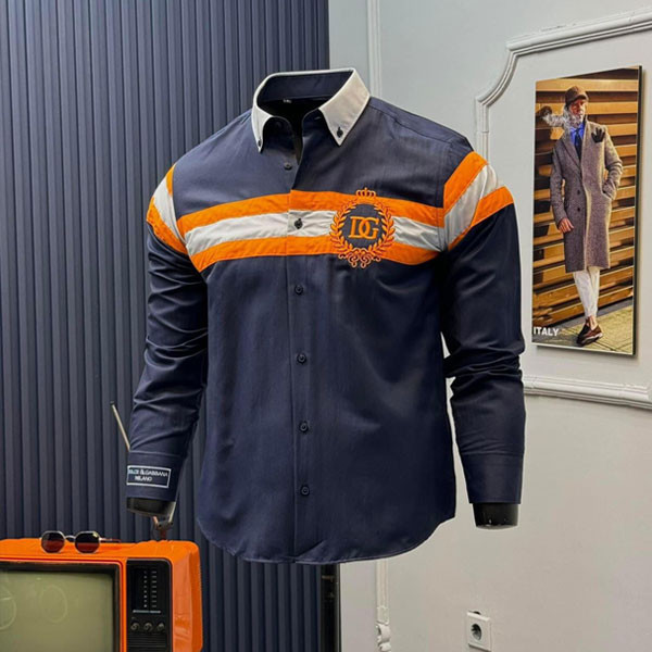 Dolce & Gabbana Long Sleeve Shirts in 2 Colors (White & Blue Black), 3 Chest Thick Horizontal Lines with DG Logo, for Men