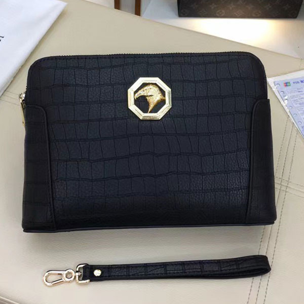 Stefano Ricci Black Women Crocodile Style Leather Bag with Gold Colored Metallic Logo, Reinforced Leather Lining on Both Bag's Sides & Leather Strap