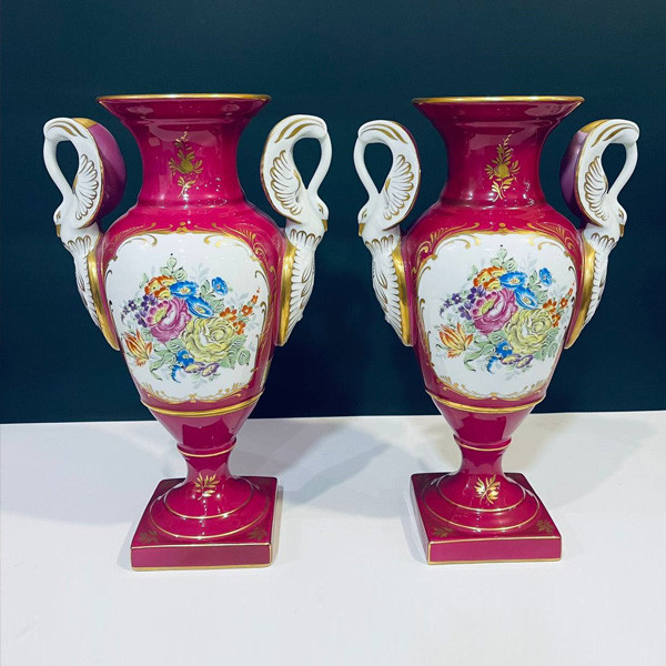 2 Antique Chinese Porcelain Vases, Coral Colored with White & Coral Colored Handles