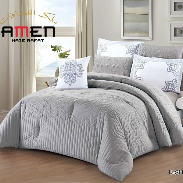 Amen Hage Rafat Set of 7 pieces (Comforter, Filted Sheet, 2 Pillow Cases, 2 Pillow Shams, Cushion) Gray Color, Model No. K-SHINY 04