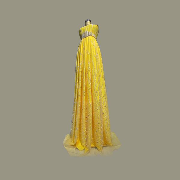 Diamond Fabric Handmade Silk Elegant Dress with Silver Zone & Silver Designs & Stras in Yellow Color