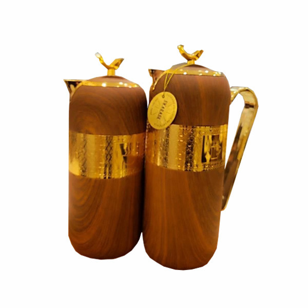 Swarask Set of 2 Wooden Teapots with Golden Metal Decoratives & Golden Metal Handles in Different Sizes