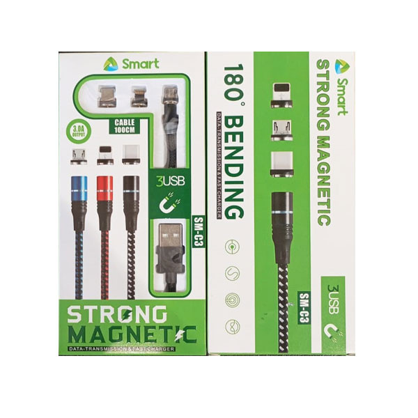 Smart 3 in 1 Charging Cable Fast Charging and Data Sync USB Cable for Android Smartphones, IOS and Type C Devices, 1m, Black Color Model No. SM-C3