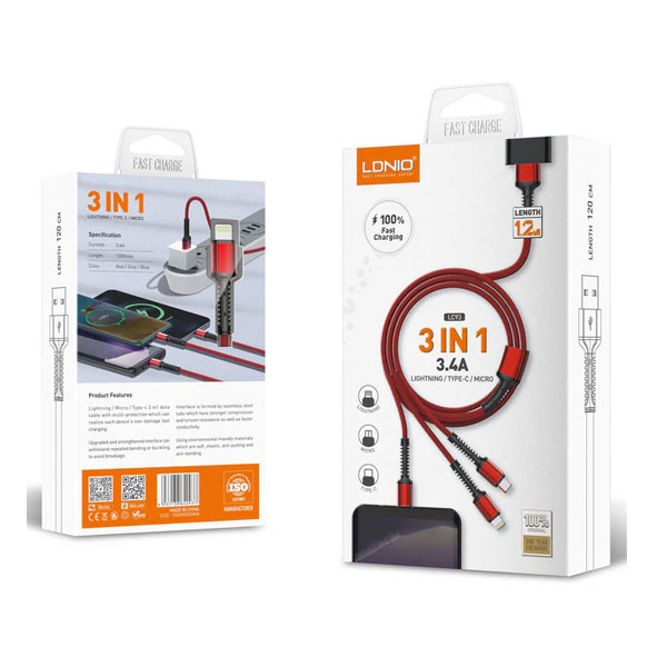 Ldnio 3in1 Multi USB Charging Cable, 1.2m, Red Color, Model No. LC93