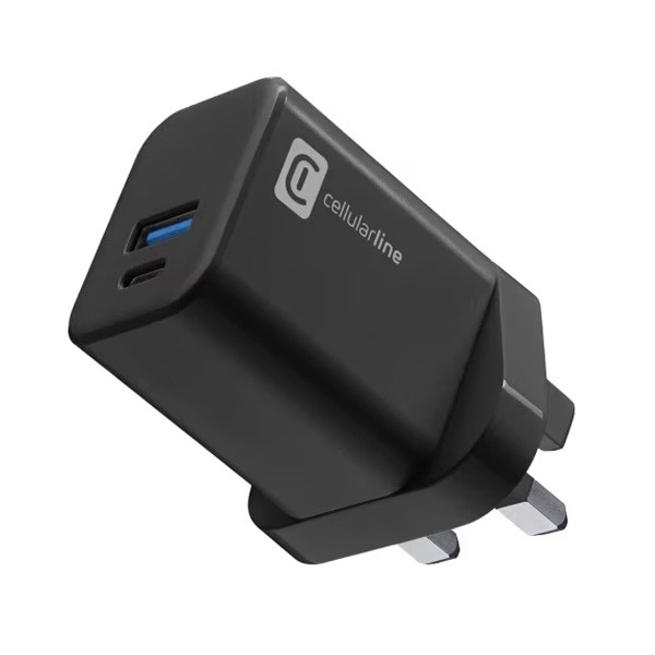 Cellularline Dual Charger USB-C 30W + USB-A 18W UK Plug GaN, Black Color, Model No. ACHUSBGAN2PD30WUKK