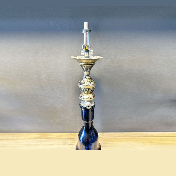 Taha Hookah with Blue Color Base Bottle, Golden-Black Color Metallic Body with Golden Flower Designs & Golden Metallic Flower Style Tray