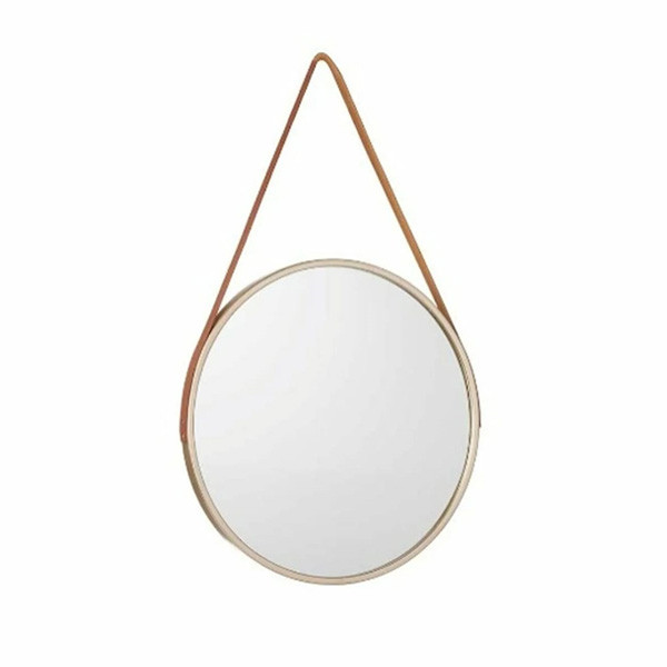 Wall Mounted Vanity Mirror with Round Metal Frame Bathroom Mirror with Beige Colored Synthetic Leather Chain
