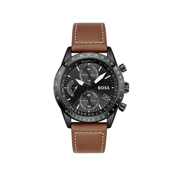 Hugo Boss Pilot Edition Chronograph Black Analog Dial Men's Watch with Brown Leather Strap Model No. 1513851