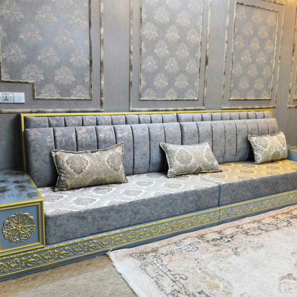 Russian Wooden, Bryce Balloon & Dye Type Sofa, Covered with Turkish Blue Color Fabric of High Pressure Sponge, with Gold Color Designs - 4 Years Warranty, (price per meter)