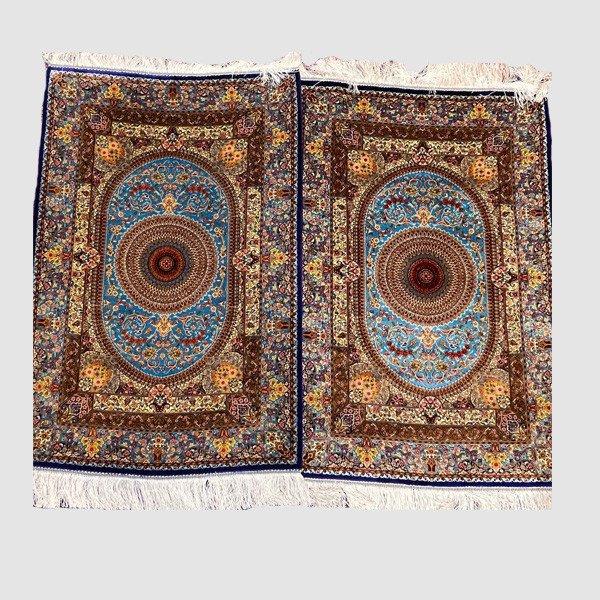 2 Collectible Small Handmade Brown Colored Persian Prayer Carpets from Wool & Silk with Drawings