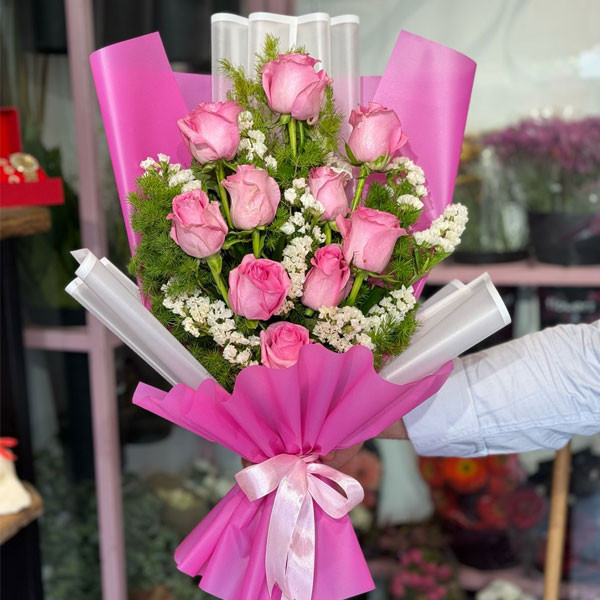 Small Amazing Pink & White Transparent Elastic & Mat Paper Bouquet of Elegant Pink Roses