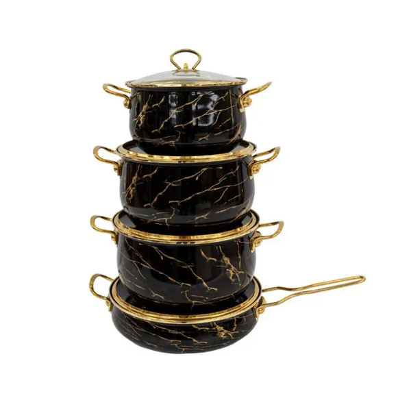 Russian Enamel Casserole 4pcs Set, Black Marble Ribbed with Gold Plated Enamel Cookware Handle