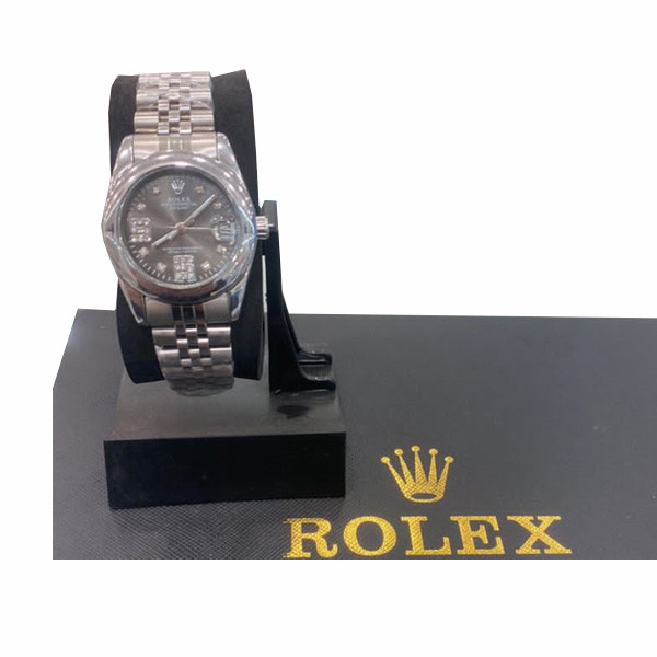 Rolex Metal Watch for Women with Gray Black Dial & Stainless Steel Bracelet (Replica)