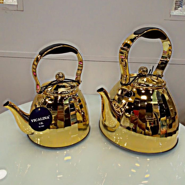 Set of 2 Vicalina Golden Stainless Steel Teapots, with Handle, 1 & 1.5Lt, Model No. VL-TK01