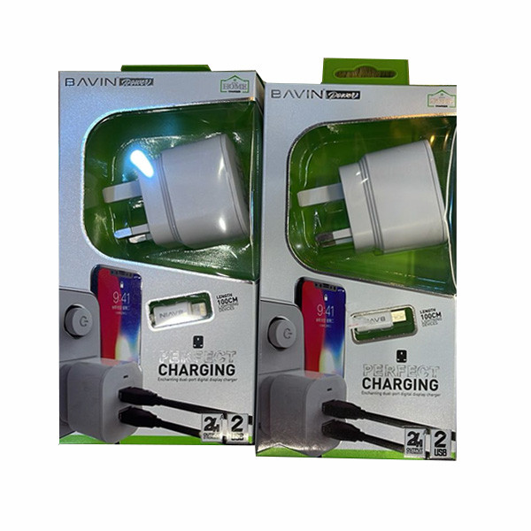 Bavin 2USB Wall Charger + Cable USB Apple, 2.4A, White Color
