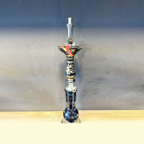 Taha Hookah Super VIP with Black - Transparent Color Base Bottle, Black Color Metallic Body Decorated with Golden Flower Designs & Black-Golden Metallic Flower Style Tray