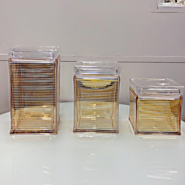 Set of 3 Glass Storage Jars in Different Dimensions with Glass Lids & Horizontal Thin Brown Colored Lines as Designs