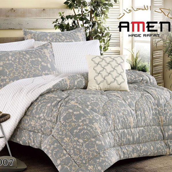 Amen Hage Rafat Bed Set of 7 pieces Double Face, White-Gray Color Decorated with Flowers, Model No. SILLA-007