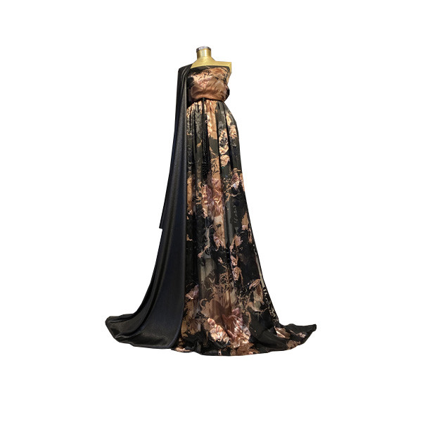 Diamond Fabric Handmade Silk Elegant Dress with Black Cape, Light Brown - Black Flowers Design and Black Leather Belt with an Amber Finish