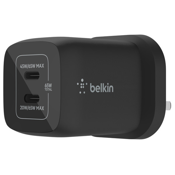 Belkin BoostCharge Pro Dual USB-C GaN Wall Charger with PPS 65W, Black Color, Model No. WCH013myBK