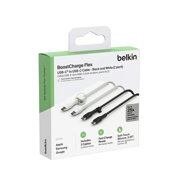 Belkin USB-C to USB-C 2.0 Silicone Twin Cable Digital, 1m, Black & White Color, Model No. CAB009bt1MBW2PK