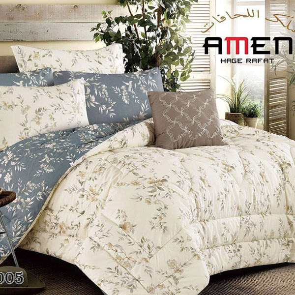 Amen Hage Rafat Bed Set of 7 pieces Double Face, White-Blue/Gray Color Decorated with Flowers, Model No. SILLA-005