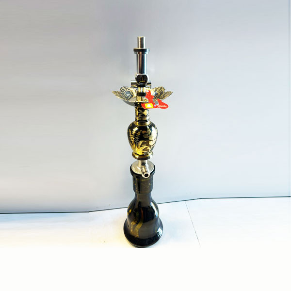 Taha Hookah Super VIP with Black Color Base Bottle, Black Color Metallic Body Decorated with Golden Flower Designs & Black-Golden Metallic Flower Style Tray