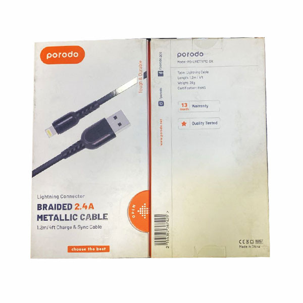 Porodo USB Cable Lightning Connector, Braided 2.4A, Metallic Cable