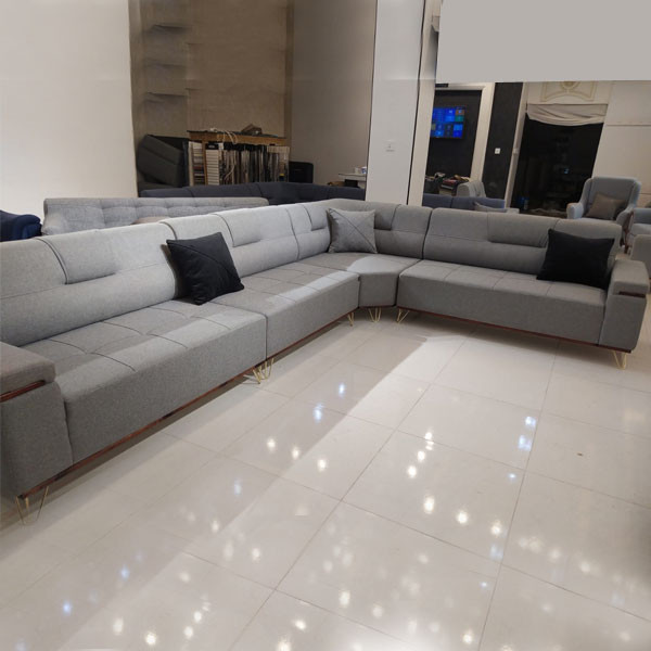 High Quality-Comfortable Linen Fabric Corner Gray Sofa with Golden Colored Metallic Base Legs (price per meter)