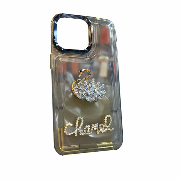 Chanel 3D Bling Diamond Swan Glitter Crystal Phone Case for iPhone 15 Pro Max, Transparent