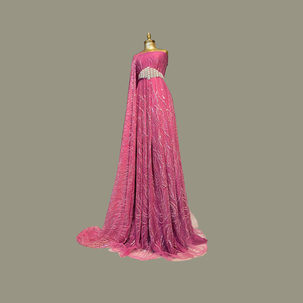 Diamond Fabric Handmade Silk Elegant Dress with Silver Zone & Silver Designs & Stras in Pink Dark Color