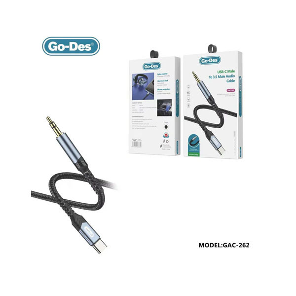 Go-Des USB-C Male to 3.5mm Male AUX Nylon Audio Cable, Model No. GAC-262